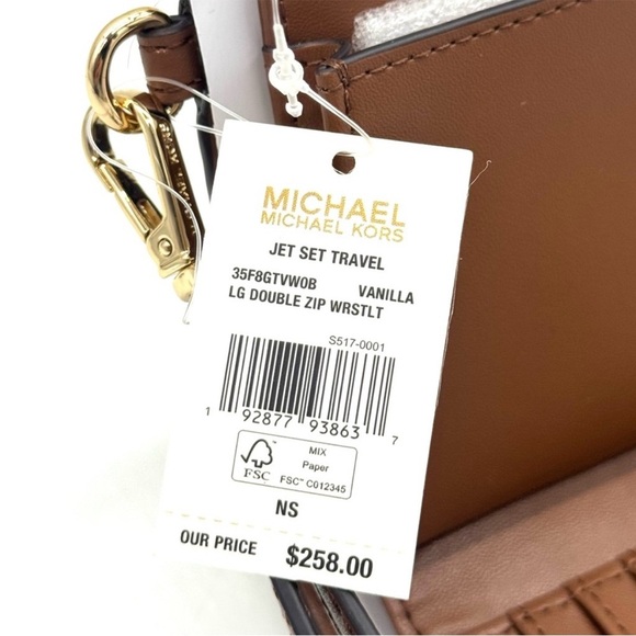 Michael Kors Large Jet Set Travel Double Zip Wallet Vanilla/Brown - Picture 10 of 10